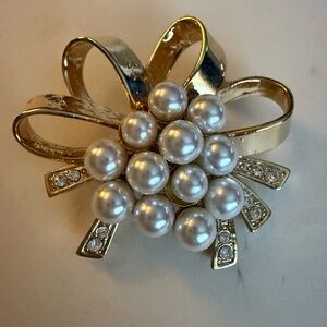 Elegant Gold Tone Faux Pearl and Rhinestone Bow Brooch
